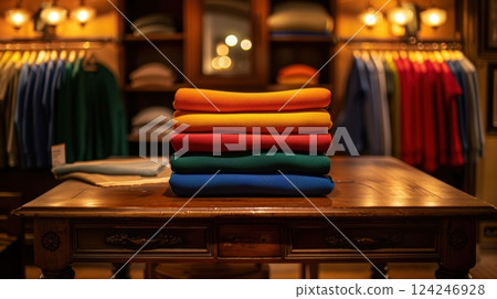 Colorful Sweatshirts Display in Stylish Boutique with Decorative Lighting Colorful Sweatshirts Display in Stylish Boutique with Decorative Lighting 124246928
