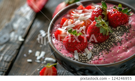 Vibrant Smoothie Bowl with Strawberries, Chia, and Coconut Flakes on Rustic Wooden Table 124246955