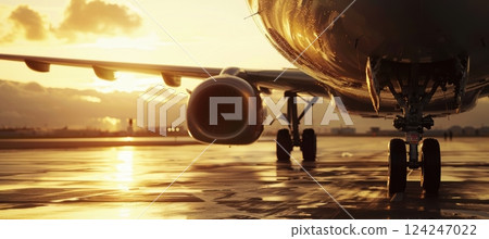 Luxurious Private Jet with Polished Aluminum Finish at Sunset on Runway 124247022