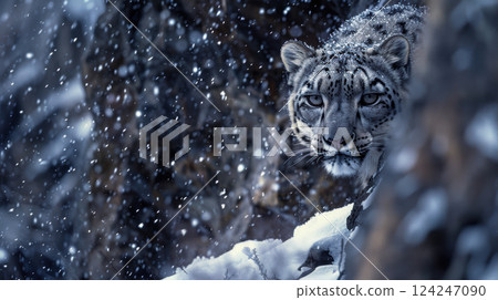Himalayan Snow Leopard in a Snowfall Scene Blending with Rugged Rocky Landscape 124247090