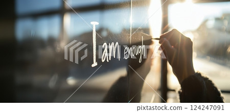 Motivational Message on Foggy Mirror with Sunlight in Minimalist Bathroom Design Motivational Message on Foggy Mirror with Sunlight in Minimalist Bathroom Design 124247091