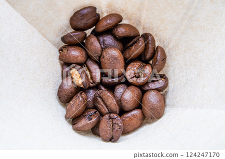 Close-up of roasted coffee beans arranged in a paper filter Close-up of roasted coffee beans arranged in a paper filter 124247170