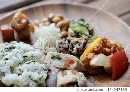 Healthy Japanese one-plate meal with a variety of dishes Healthy Japanese one-plate meal with a variety of dishes 124247189