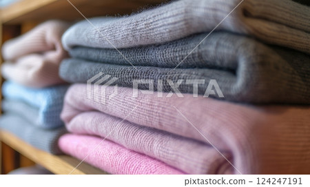 Luxurious Cashmere Sweaters in Pastel Tones Neatly Displayed for Elegant Interior Design Luxurious Cashmere Sweaters in Pastel Tones Neatly Displayed for Elegant Interior Design 124247191