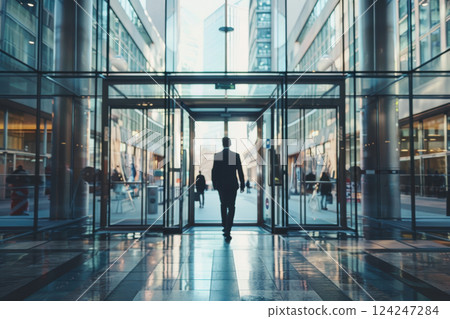 Confident Job Candidate Entering Modern Office with City Skyline Reflections for Motivational Design 124247284