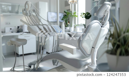 Modern Dental Chair in Bright Clinic Setting for Advanced Patient Care Design 124247353