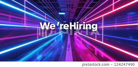 Futuristic Were Hiring Banner with Abstract Corporate Building and Glowing Lines 124247490