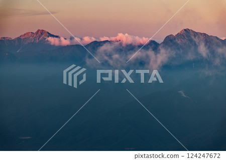 Southern Alps, Kitadake, and Kaikoma-ga-take seen at sunrise from Maemitsuto, Yatsugatake mountain range Southern Alps, Kitadake, and Kaikoma-ga-take seen at sunrise from Maemitsuto, Yatsugatake mountain range 124247672