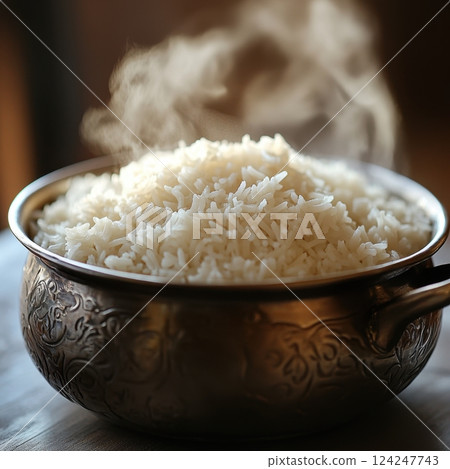 Freshly Cooked White Rice in Traditional Pot with Steaming Aroma 124247743
