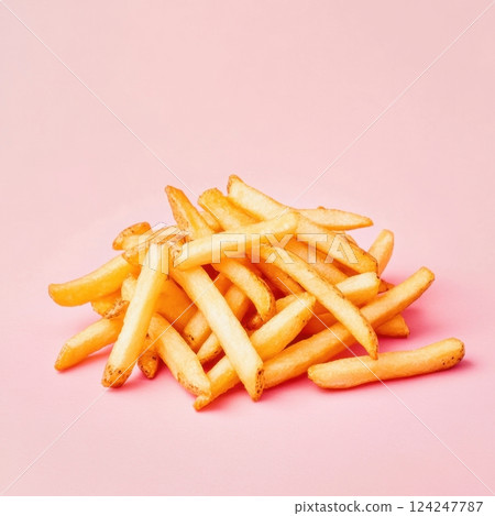 Golden Crispy French Fries on Pink Background for Food Photography 124247787
