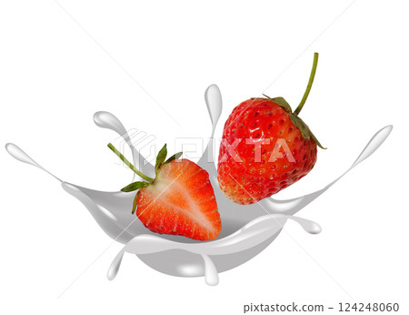 Two fresh strawberries captured splashing in pool of white liquid milk, Ripe red strawberry cut in half with visible seeds and green stem, Motion freshness of fruit isolated on white background 124248060