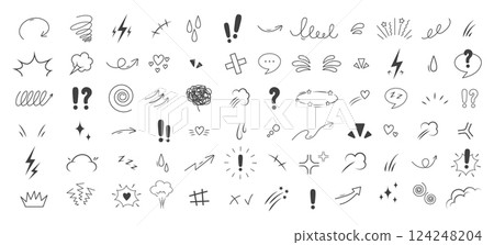Anime Emotion effect. Doodle manga icons. Idea and exclamation symbol. Pop art clipart. Scribble vector illustration Anime Emotion effect. Doodle manga icons. Idea and exclamation symbol. Pop art clipart. Scribble vector illustration 124248204