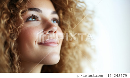 擁有迷人捲髮的女人充滿信任與期待的目光 124248579
