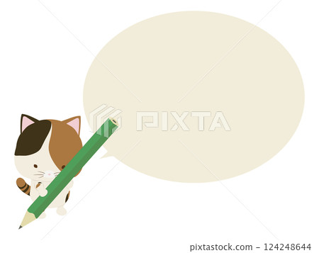 拿著鉛筆的三色貓。帶有對話泡泡 124248644