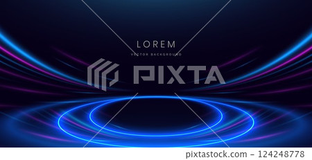 Scene futuristic neon circles glowing blue light lines with on dark blue background and lighting sparkle. Scene futuristic neon circles glowing blue light lines with on dark blue background and lighting sparkle. 124248778