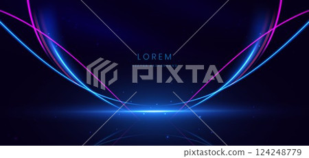 Abstract blue and pink glowing ray curved on dark background with copy space for tex. 124248779