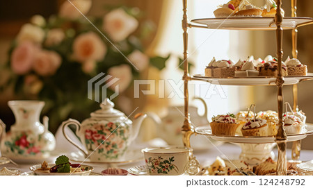 Elegant table setting for tea party with cakes and cupcakes in English manor. Selective focus. Vintage style 124248792