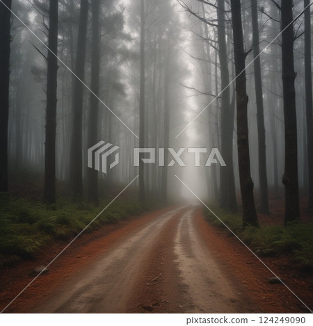 A mountain road wrapped in fog 124249090