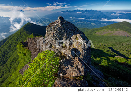 View of Mt. Fuji and the Southern Alps from the summit of Mt. Gongen in the Yatsugatake mountain range 124249142