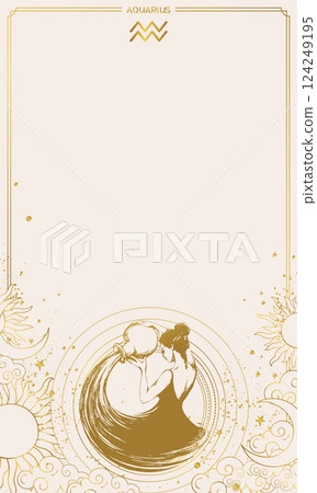 Aquarius zodiac sign, vintage light horoscope background with gold engraving, astrological symbol, modern map. Mystical vector illustration. 124249195