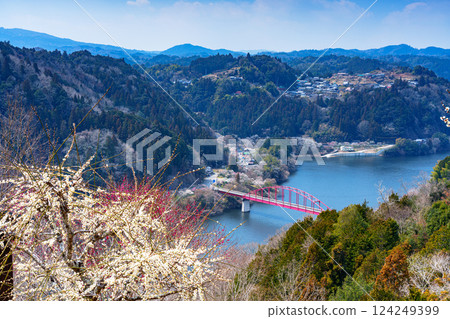 Tsukigase Bridge over Lake Tsukigase and white and red plum blossoms① Tsukigase Bridge over Lake Tsukigase and white and red plum blossoms① 124249399