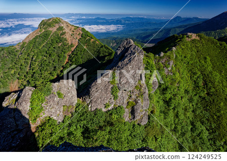 從八嶽山脈權現山的岩石山峰上眺望義法司峰和北阿爾卑斯山脈 從八嶽山脈權現山的岩石山峰上眺望義法司峰和北阿爾卑斯山脈 124249525