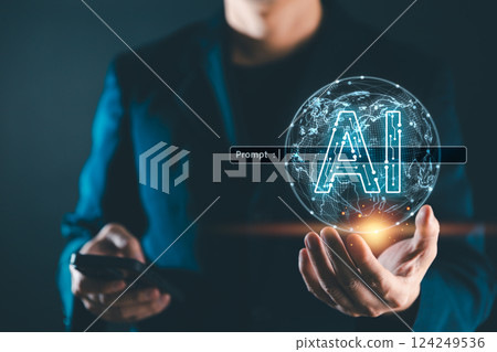 Ai Artificial Intelligence technology concept, Businessman using AI technology on smartphone, Futuristic technology transformation. Chat with AI, Enter prompt and searching data in global network Ai Artificial Intelligence technology concept, Businessman using AI technology on smartphone, Futuristic technology transformation. Chat with AI, Enter prompt and searching data in global network 124249536
