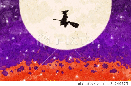 Watercolor background material of a witch flying on a broom on a full moon night Watercolor background material of a witch flying on a broom on a full moon night 124249775