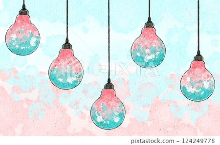 Watercolor background material with the image of cherry blossoms and blue sky trapped inside a light bulb Watercolor background material with the image of cherry blossoms and blue sky trapped inside a light bulb 124249778