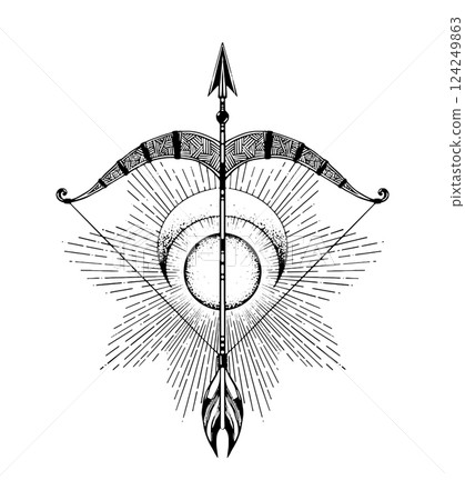 Bow and arrow hand drawing, crossbow vintage engraving, sagittarius zodiac sign with sun and moon, mystical symbol, tattoo. Isolated Vector illustration. 124249863