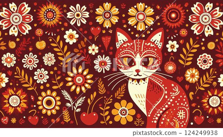 Red cat and flower background material 124249938