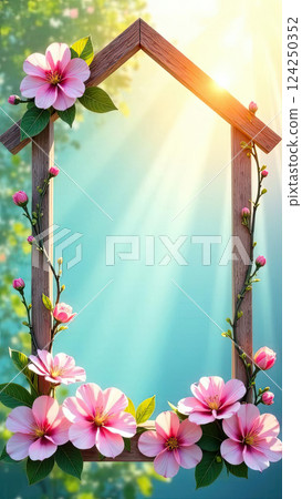 Home-shape decorative frame in sun rays, is adorned with spring pastel flowers on spring blue background. Real estate, realtor, mortgage, insurance, booking, construction, insulation. AI generated 124250352