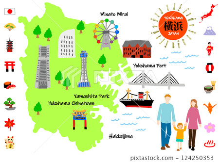 橫濱旅遊景點手繪平面插畫地圖 124250353