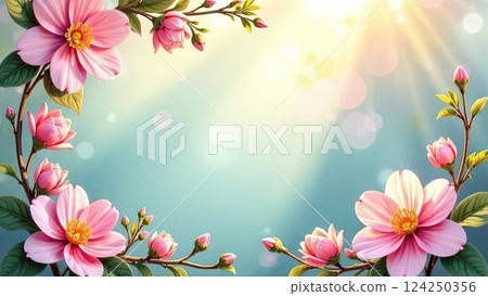 Spring themed decorative frame with text inside in sun rays, is adorned with spring pastel flowers on spring blue pastel background. AI generated 124250356