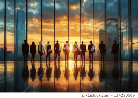 Silhouettes of a male and female business team walking towards the morning sun in an office building with the morning sky as a background 124250599