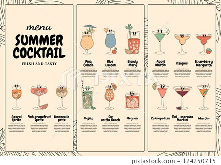 Retro groovy summer cocktail characters. Menu with cute alcohol beverage martini, aperol spritz, margarita and other. Vector illustration for bar, pub, club, cafe Retro groovy summer cocktail characters. Menu with cute alcohol beverage martini, aperol spritz, margarita and other. Vector illustration for bar, pub, club, cafe 124250715