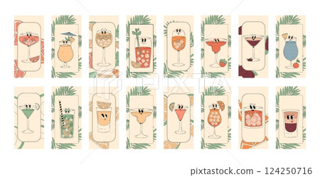 Retro groovy characters summer cocktails. Trendy psychedelic label or tag set with popular alcoholic beverages in groovy 70s, 80s style. Vector illustration 124250716