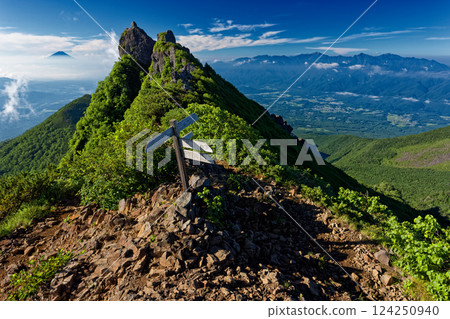 View of Yatsugatake mountain range, rocky peak of Mt. Gongen, Mt. Fuji, Southern Alps 124250940