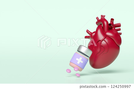 3d realistic human heart with medicine bottle, pills isolated on green background. check heart health, health love, world heart day concept, 3d illustration render 124250997