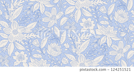 Elegant seamless floral pattern with hand-drawn style on a soft pastel blue background. Ideal for textiles, wallpapers, decorative items, clothing, gift wrap, or stationery. Elegant seamless floral pattern with hand-drawn style on a soft pastel blue background. Ideal for textiles, wallpapers, decorative items, clothing, gift wrap, or stationery. 124251521