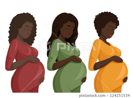 Vector set of African pregnant women isolated from background. Clip arts collection of healthy Black pregnant women in a flat style 124251534