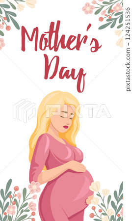 Vector vertical postcard with a healthy pregnant woman and flowers. Pregnant blondie woman with wildflowers. Joyful expectation of a child. 124251536