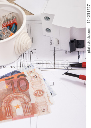 Electrical components, electric construction diagrams, work tools and euro banknotes 124251727