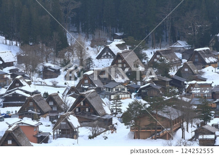 View of Shirakawa-go Gassho Village in the snow from the Ogimachi Castle Ruins Observatory 124252555