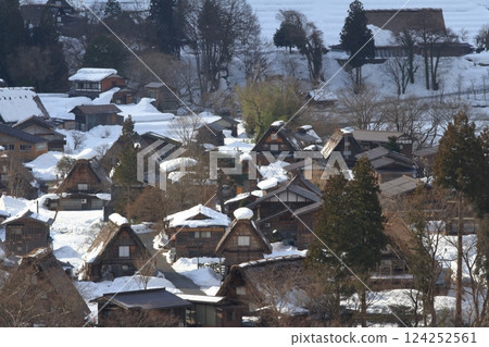 Shirakawa-go Gassho-style village as seen from the Ogimachi Castle Ruins Observatory 124252561