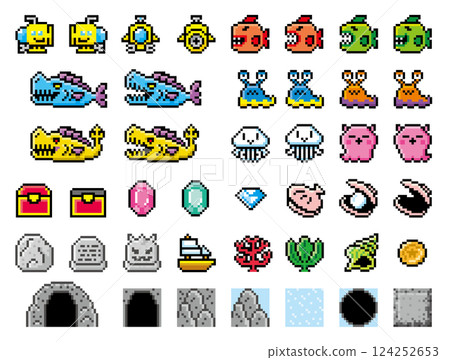 Exploration game style pixel art sea submarine set Exploration game style pixel art sea submarine set 124252653