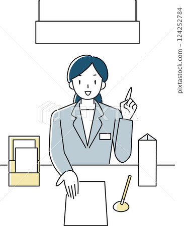 一位女士在櫃檯解釋如何填寫文件 一位女士在櫃檯解釋如何填寫文件 124252784