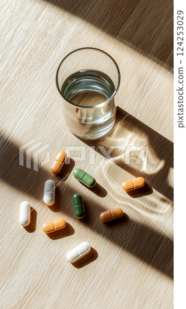 Vitamins and Water on Table 124253029