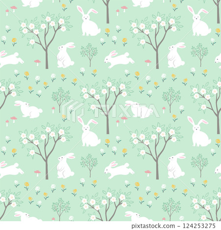 Easter seamless repeat pattern with cute hand drawn rabbits on green background 124253275