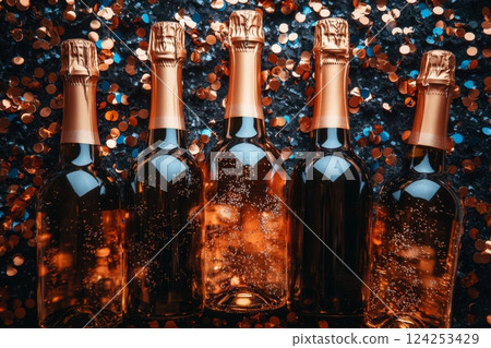 Row of champagne bottles with blue and gold background 124253429